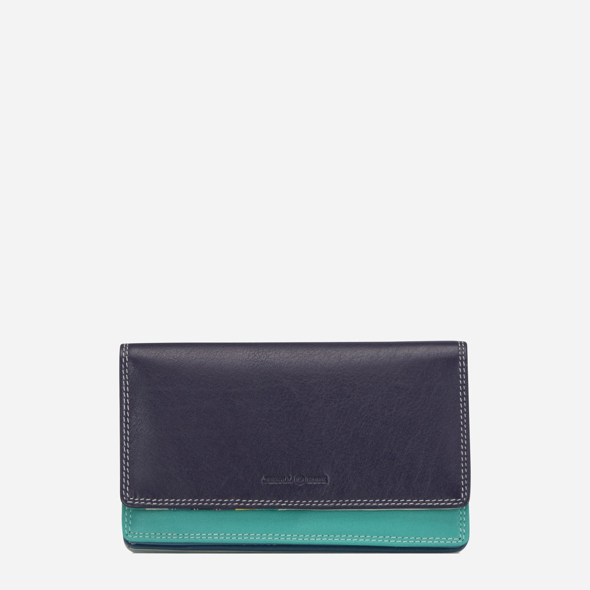 Jekyll & Hide Large Purse in Ibiza navy leather with a teal trim, front view