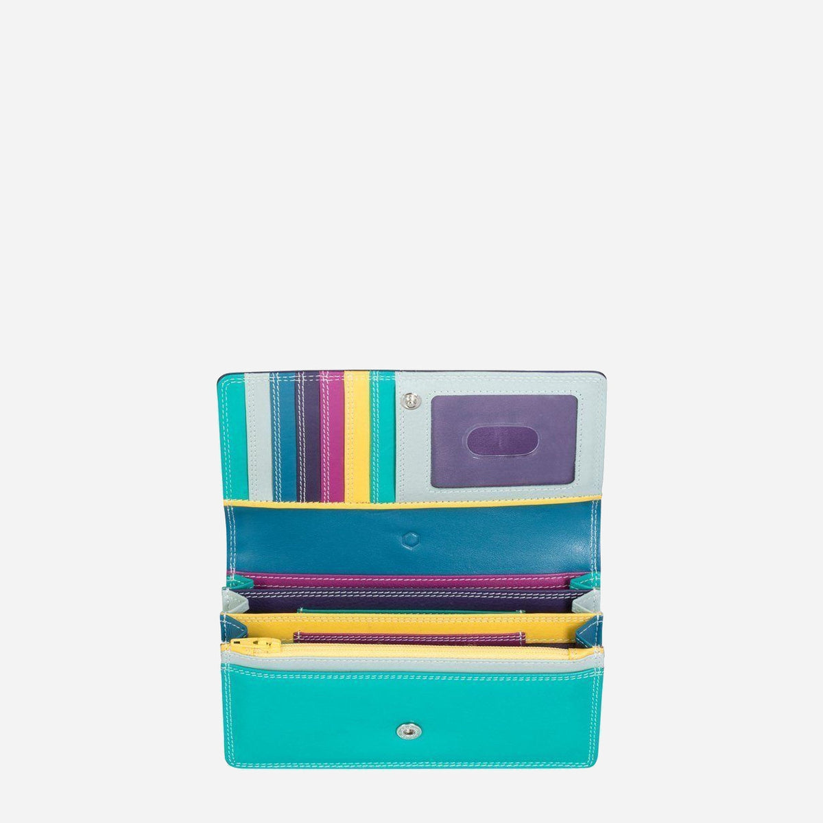 Ibiza Large Purse open flat, showing rainbow card slots, a zip pocket and coin section