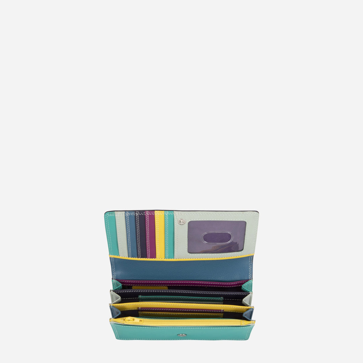 Ibiza Large Purse opened at an angle, showing its multicoloured card slots