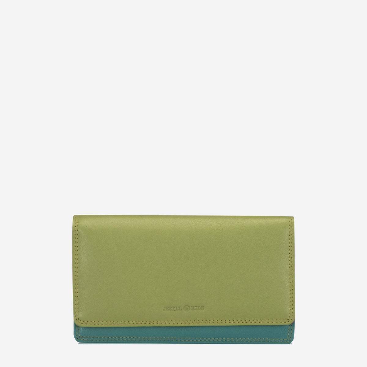 Jekyll & Hide Large Purse in Pacific lime green leather with a teal trim, front view