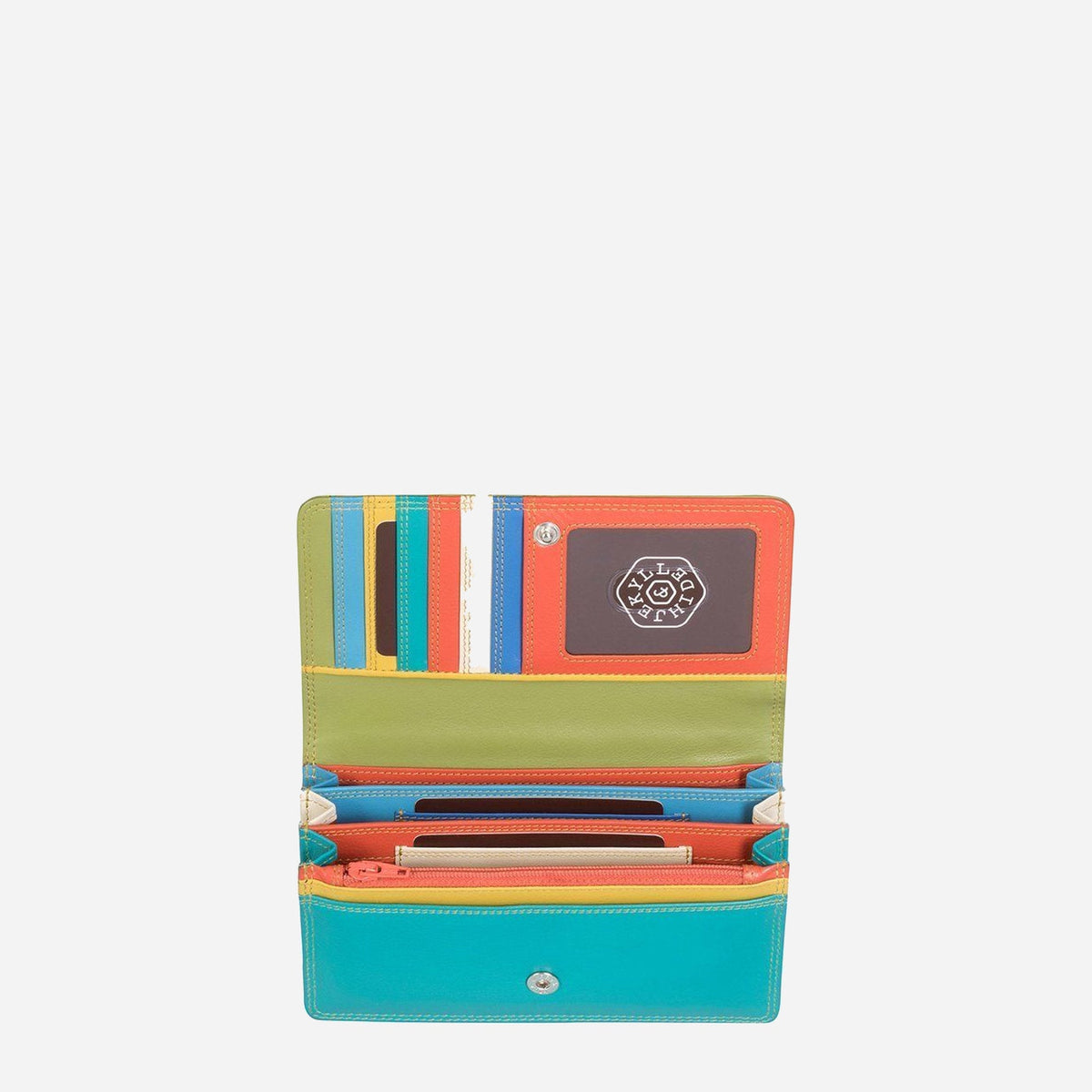 Pacific Large Purse open flat, showing rainbow card slots, a zip pocket and coin section