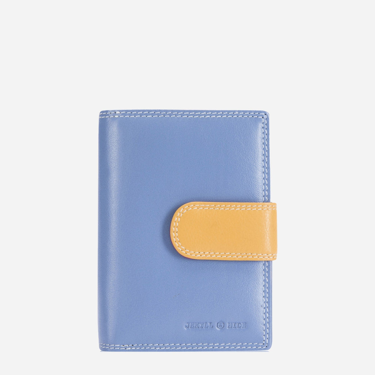 Jekyll & Hide Compact Purse in Fiji blue leather with a mustard tab closure, front view