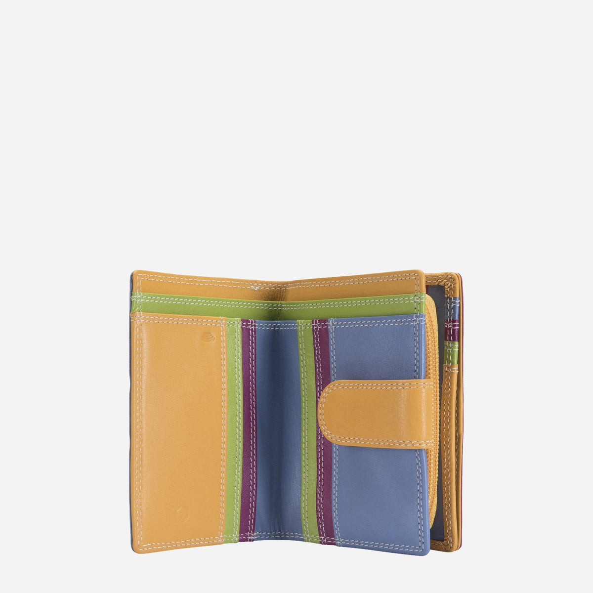 Fiji Compact Purse open, showing multicoloured card slots and a tab closure