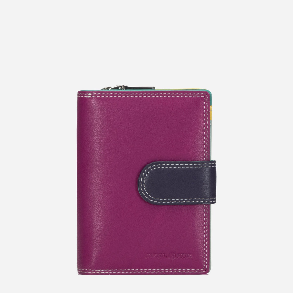 Jekyll & Hide Compact Purse in Ibiza magenta leather with a navy tab closure, front view