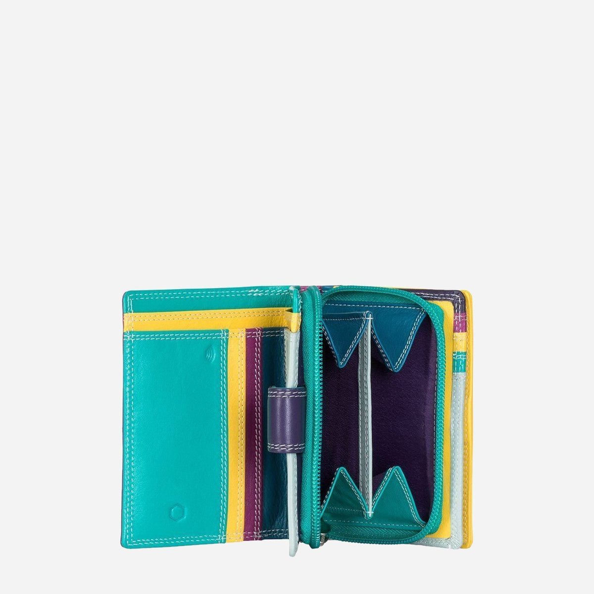 Ibiza Compact Purse open, showing turquoise and yellow card slots and coin pocket