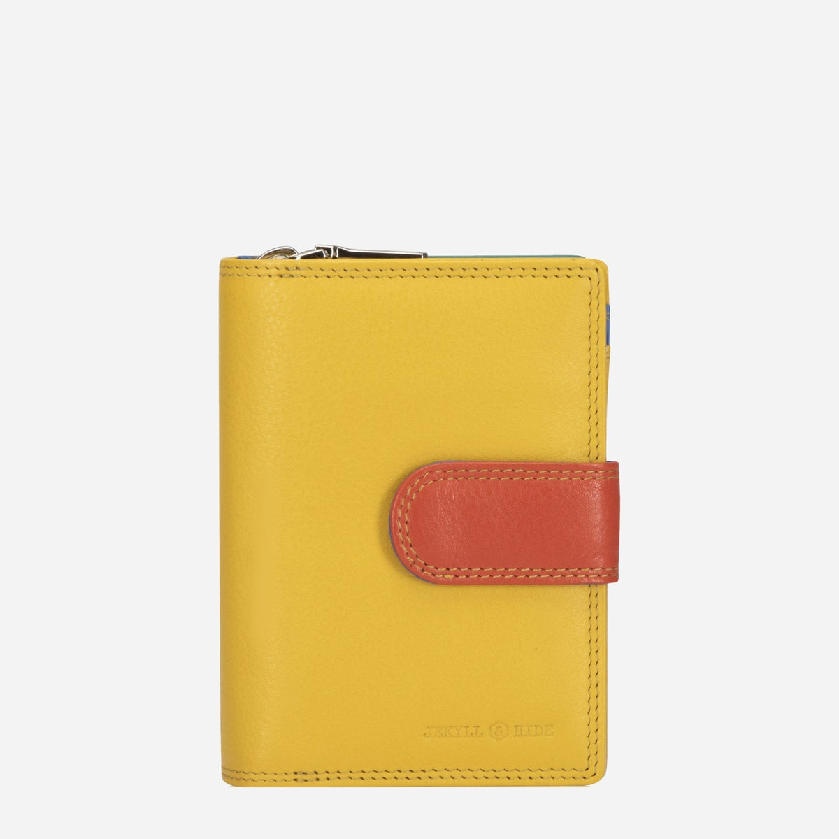 Jekyll & Hide Compact Purse in Pacific yellow leather with an orange tab closure, front view