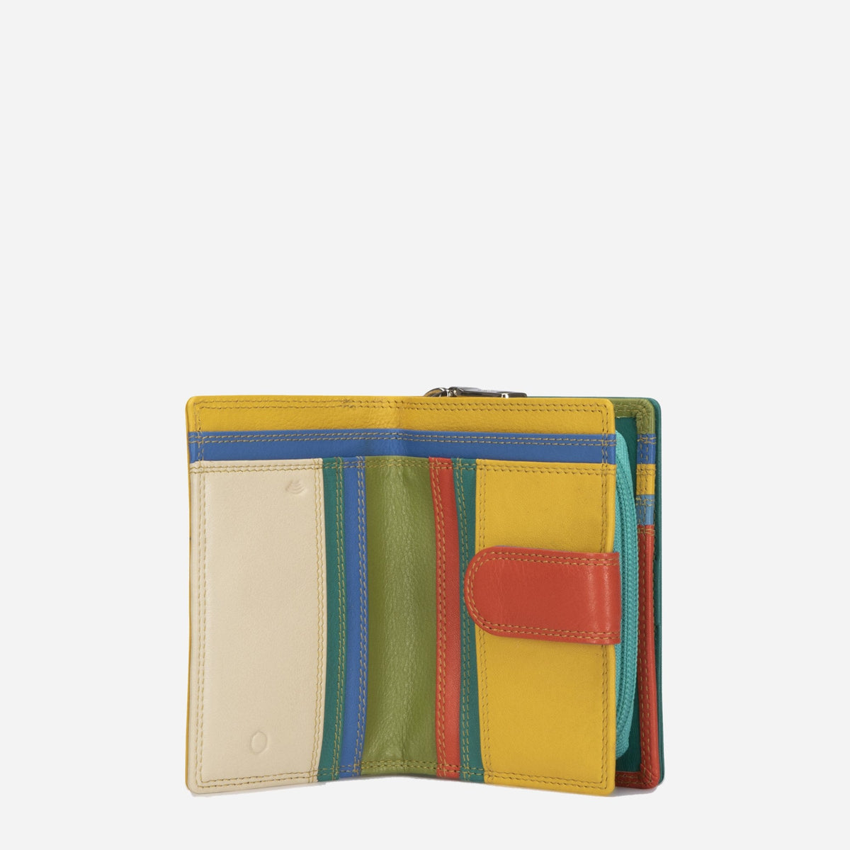 Pacific Compact Purse open, showing multicoloured card slots and a tab closure