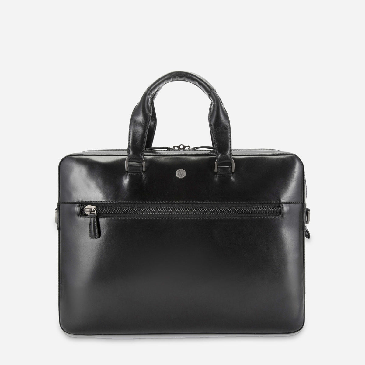 Jekyll & Hide Slim Briefcase in black leather, front view with zip pocket and twin handles