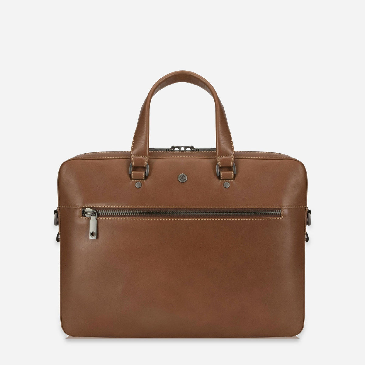 Jekyll & Hide Slim Briefcase in Colt tan leather, front view with full-width zip pocket and twin handles