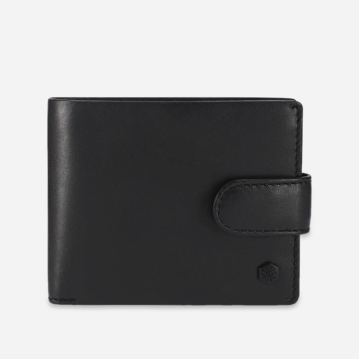 Jekyll & Hide Wallet with Coin in black leather, front view with tab closure and tonal hexagonal logo