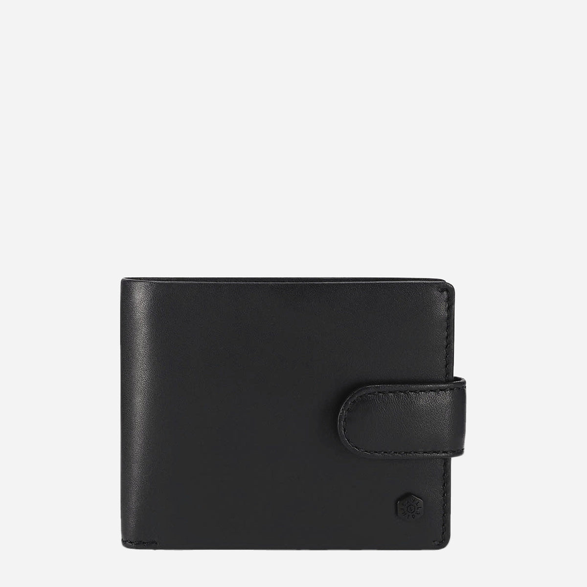 Jekyll & Hide Wallet with Coin in black leather, front view with tab closure and tonal hexagonal logo