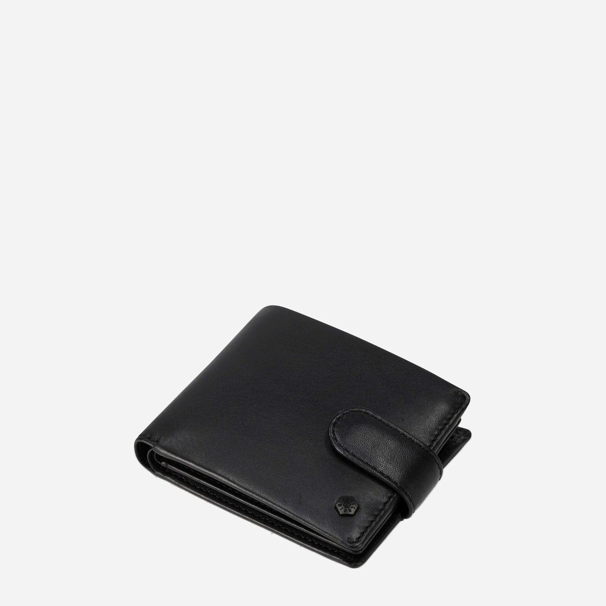 Angled view of the closed black leather Wallet with Coin with its tab fastened