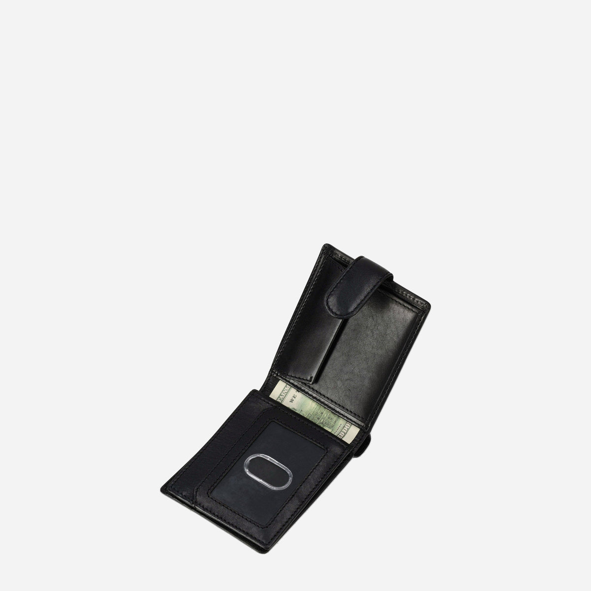 Black leather Wallet with Coin opened at an angle, showing the ID flap, coin pocket and notes