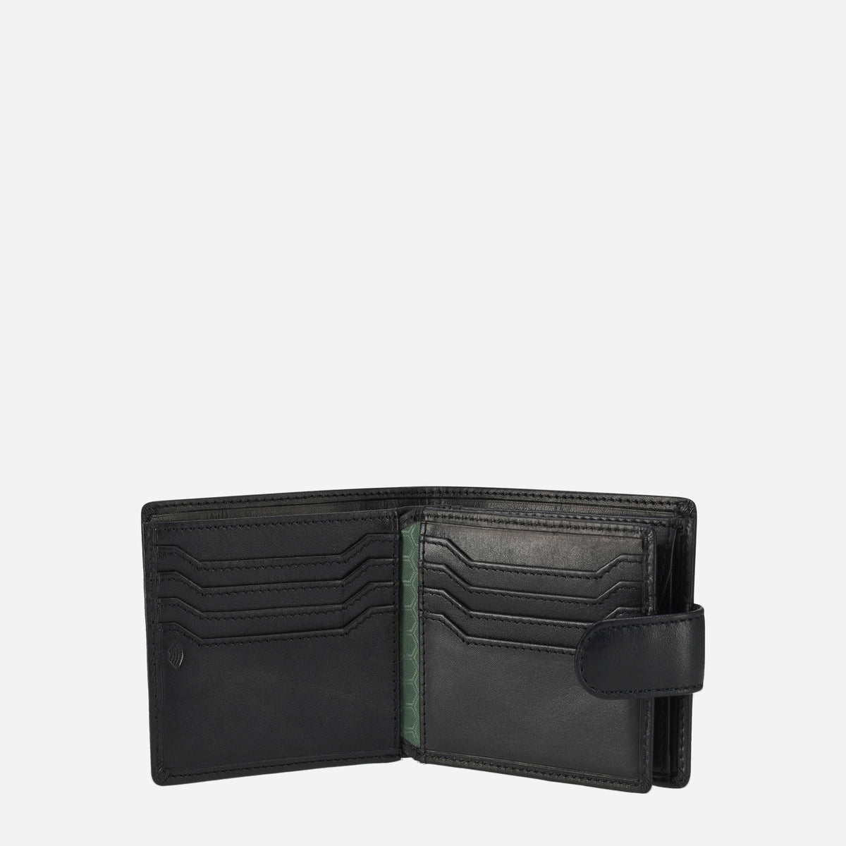 Inside the black leather bifold wallet, with eight card slots and a green lined note section