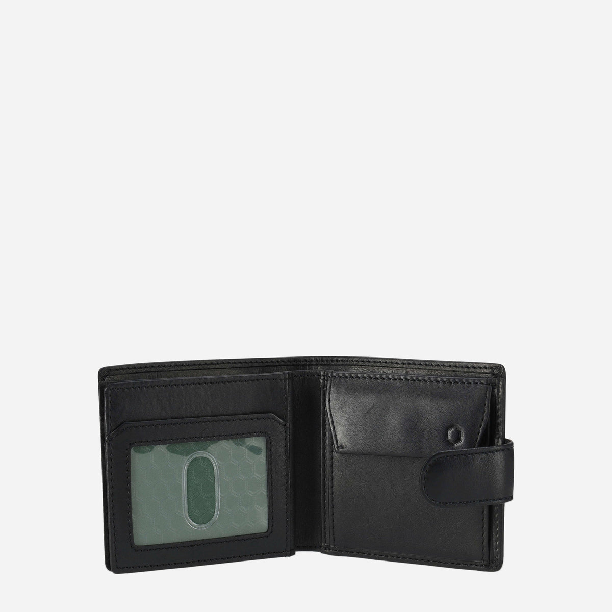 Black leather Wallet with Coin open, showing the ID window and press-stud coin pocket