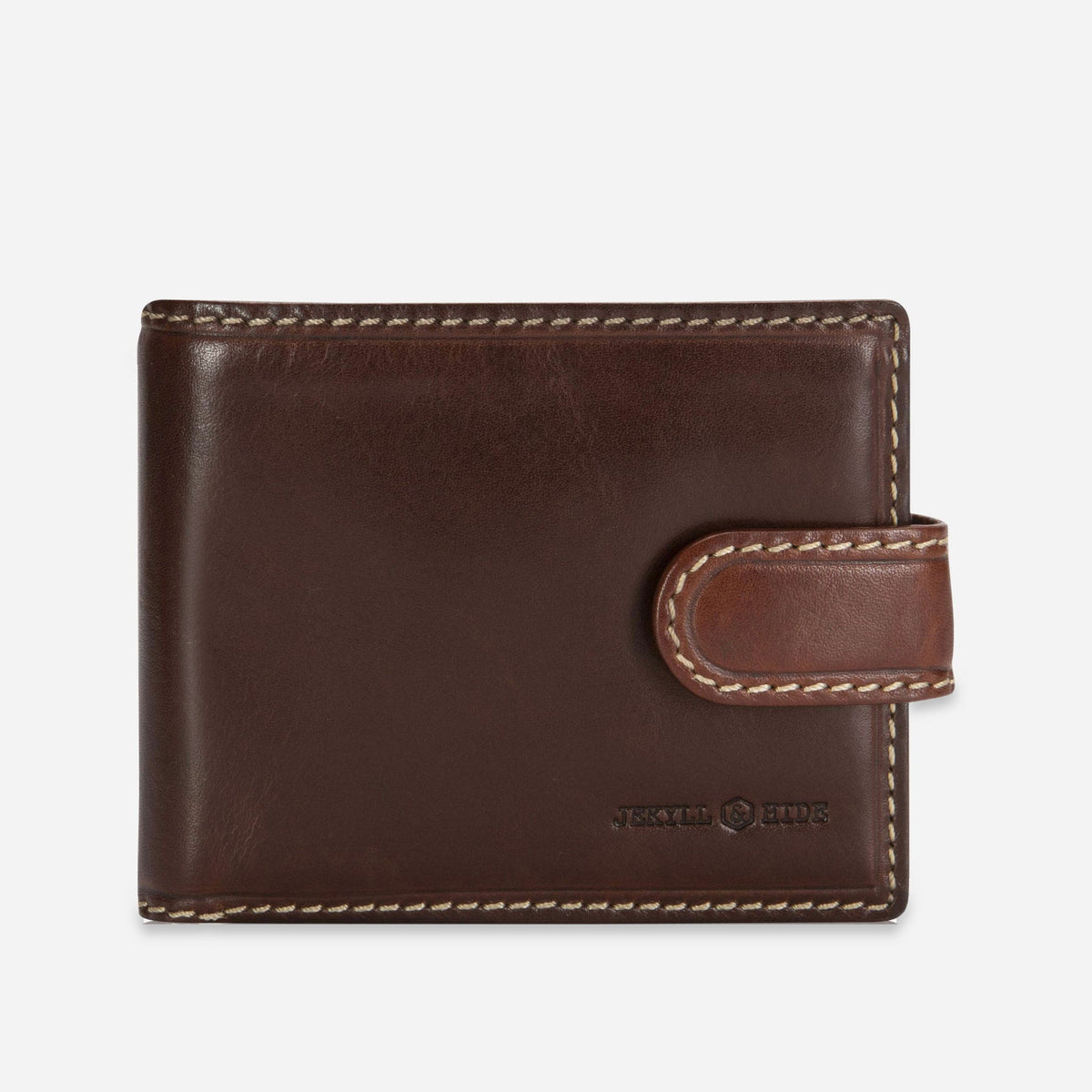 Jekyll & Hide Wallet with Coin in Mocha brown leather, front view with tab closure and cream contrast stitching