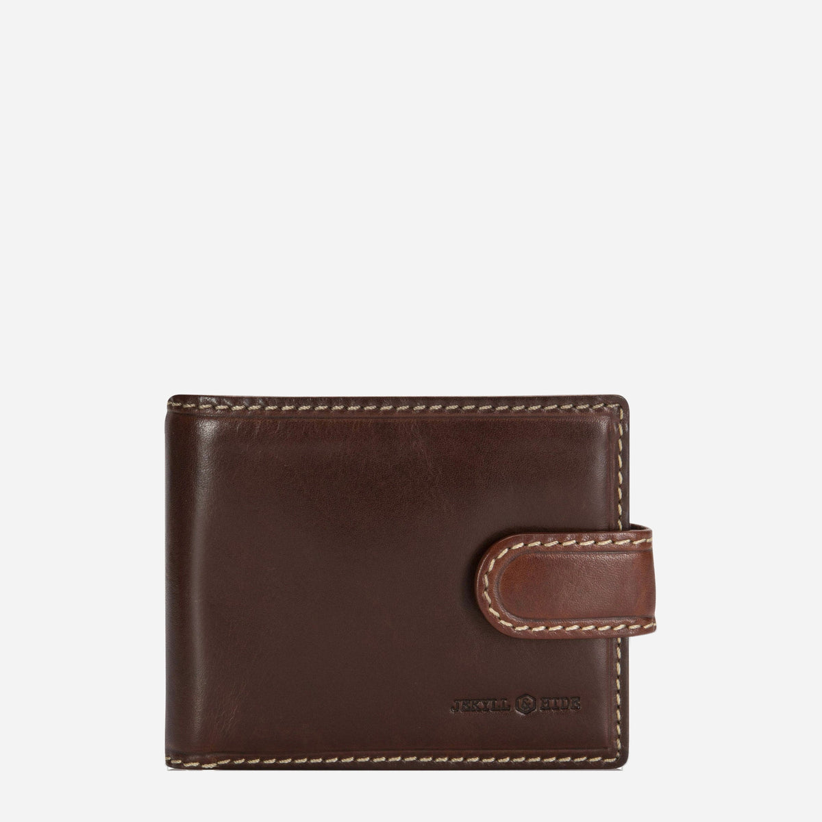 Jekyll & Hide Wallet with Coin in Mocha brown leather, front view with tab closure and cream contrast stitching