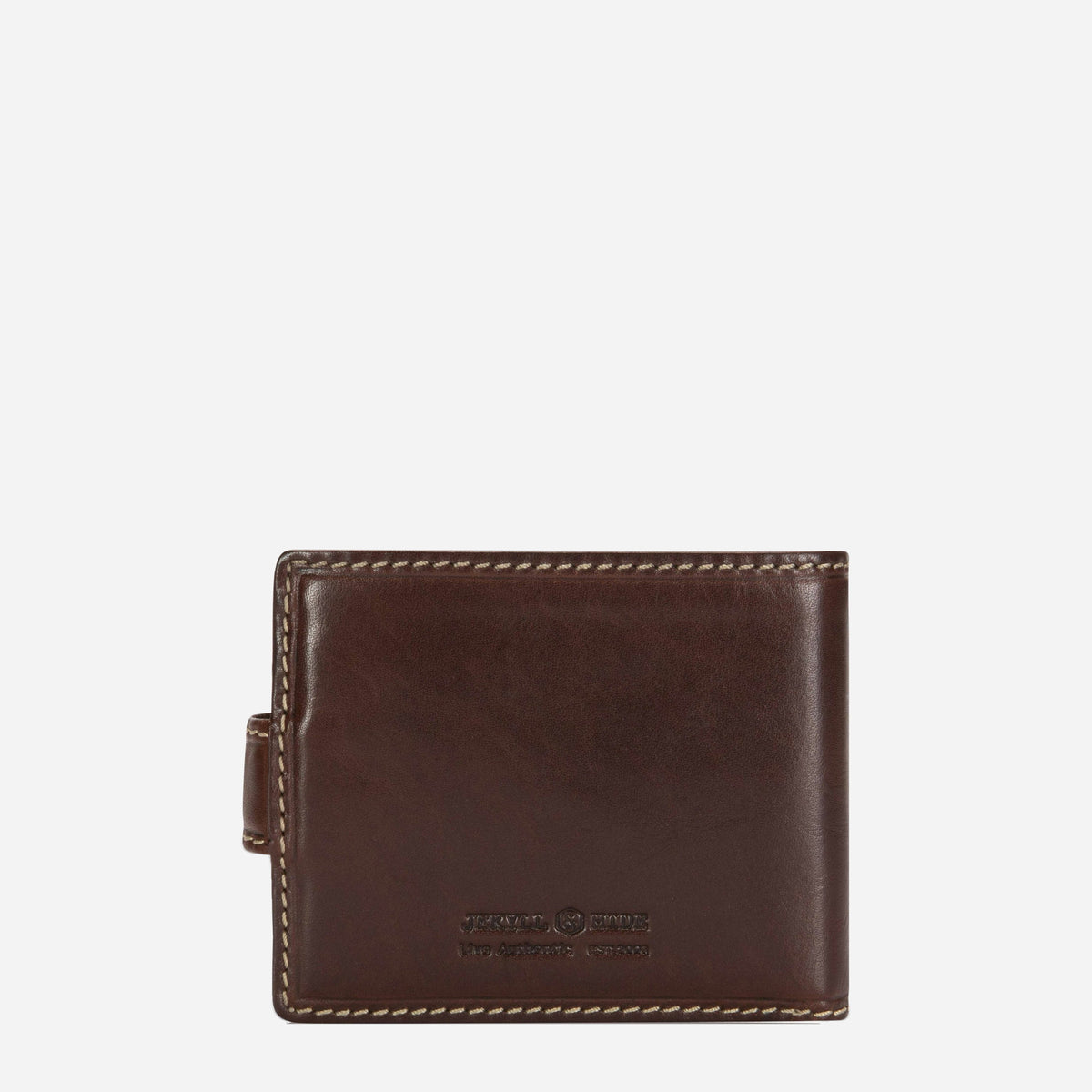 Back of the Mocha leather Wallet with Coin with embossed Jekyll & Hide logo