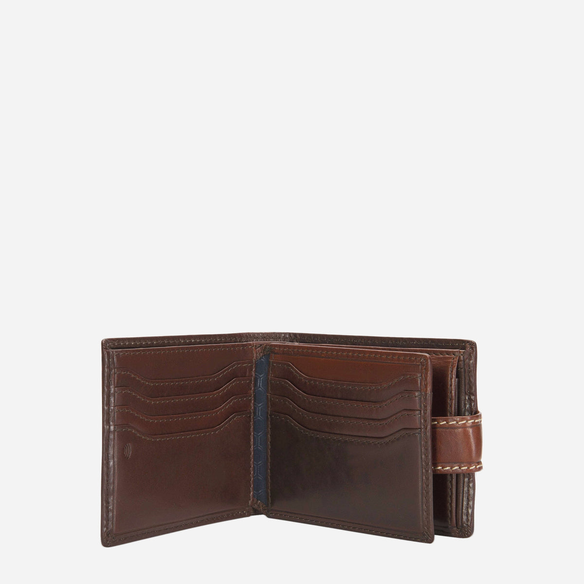 Inside the Mocha leather bifold wallet, with eight card slots and a full-length note section