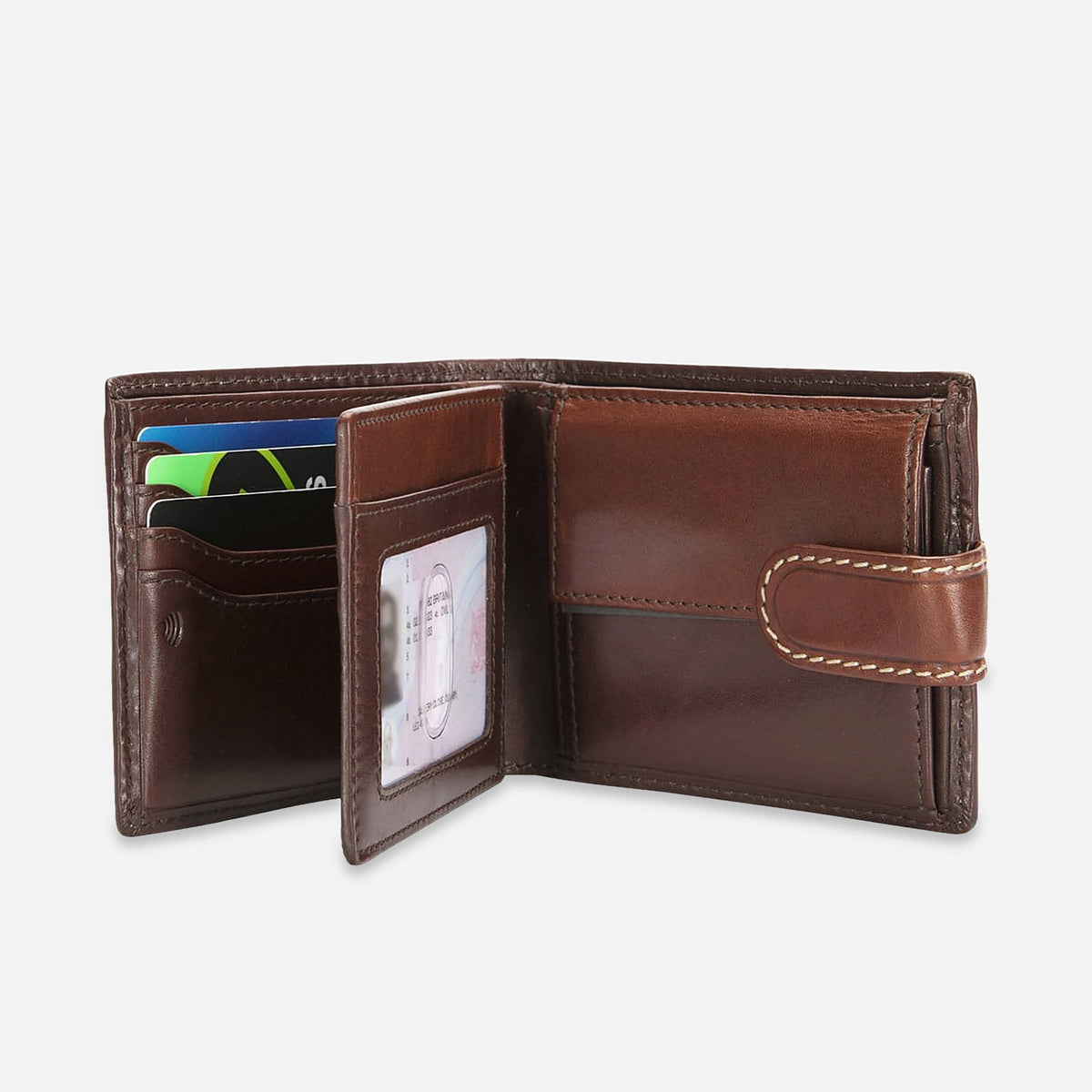 Mocha leather Wallet with Coin open, showing the flip-out ID window, card slots and coin pocket
