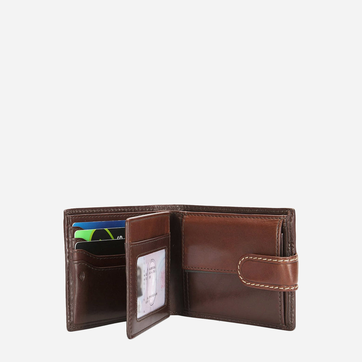 Mocha leather Wallet with Coin open, showing the flip-out ID window, card slots and coin pocket