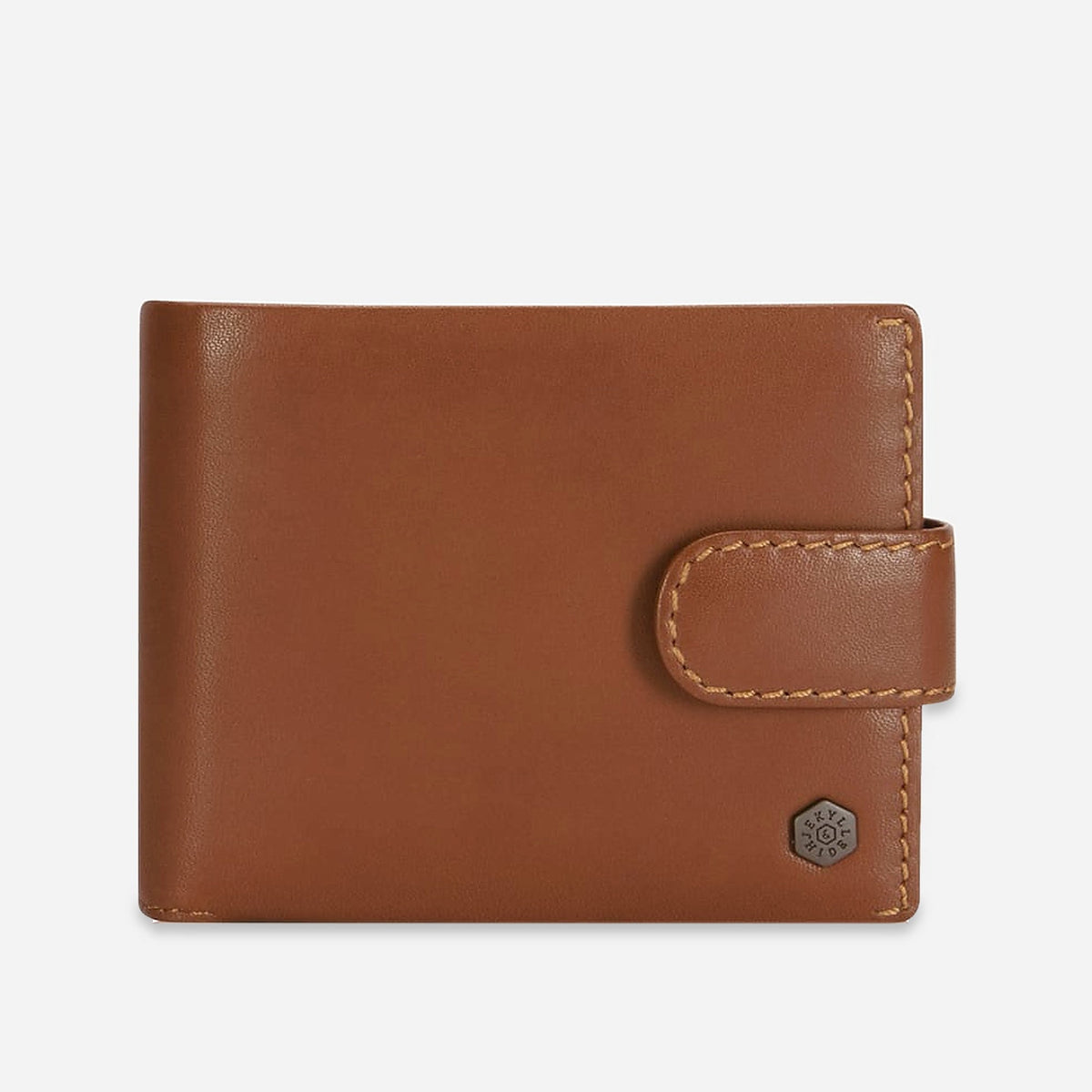Jekyll & Hide Wallet with Coin in tan leather, front view with tab closure and hexagonal metal logo badge