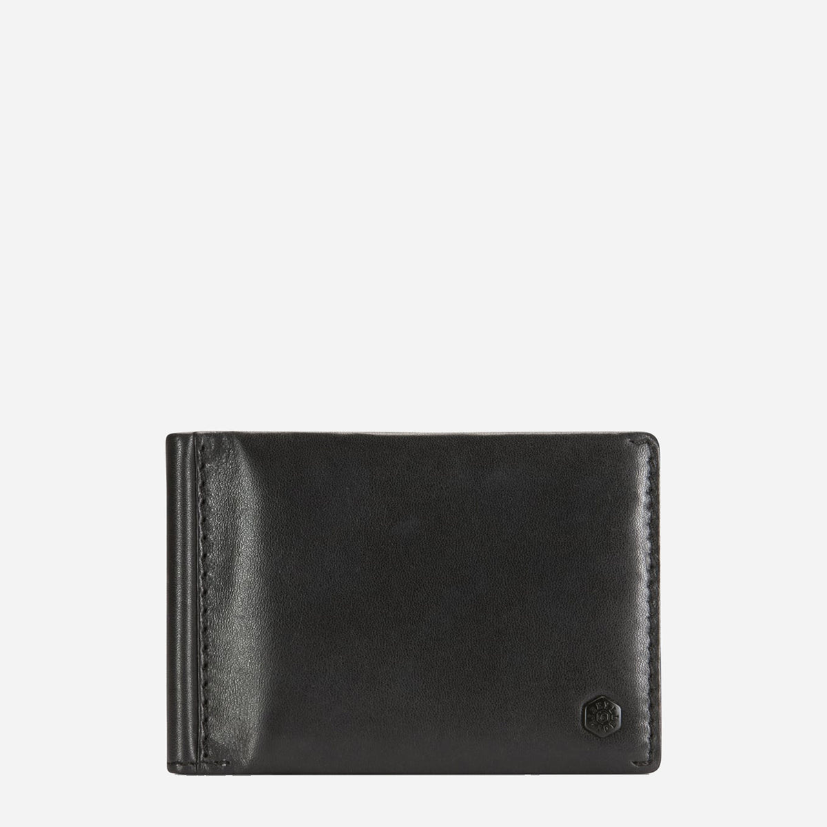 Black leather money clip wallet, closed front view