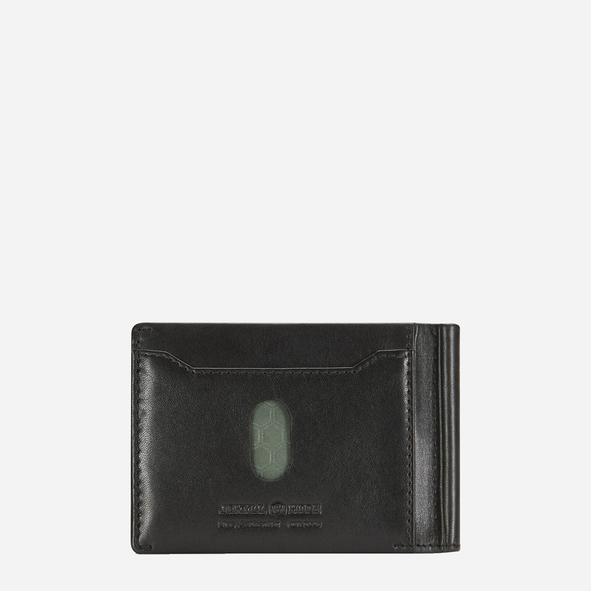 Black money clip wallet front, showing card slot