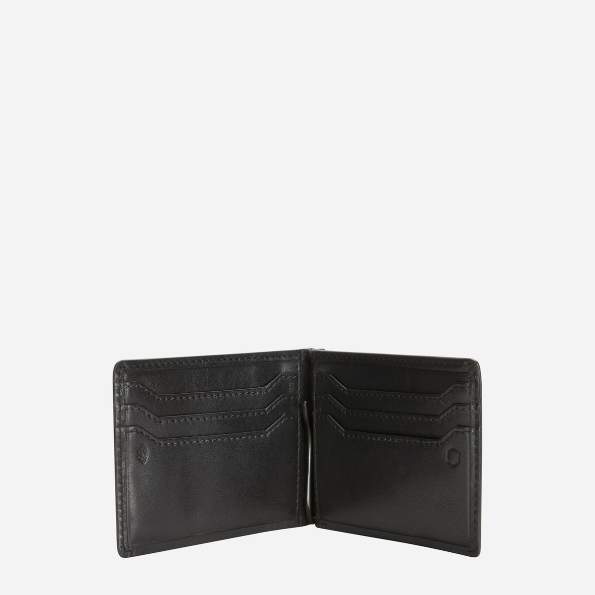 Open black money clip wallet showing card slots