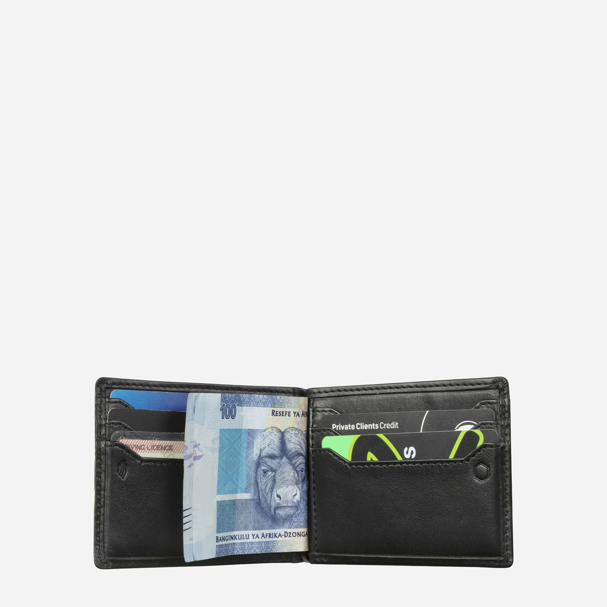 Open black money clip wallet with cash and cards