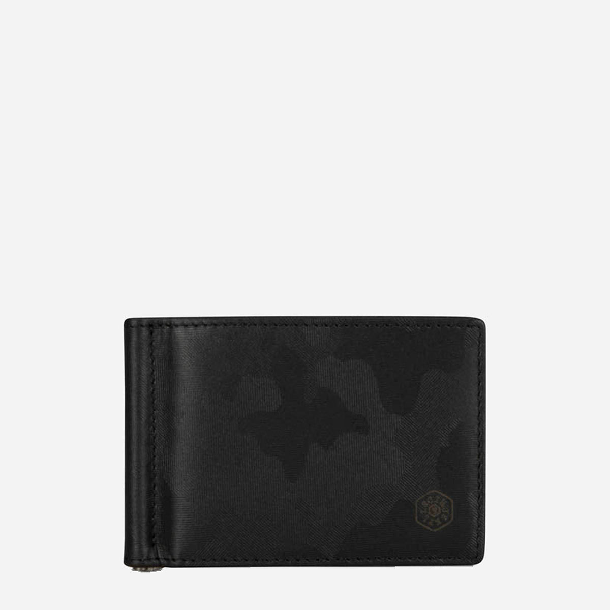 Black camo leather money clip wallet, closed front view