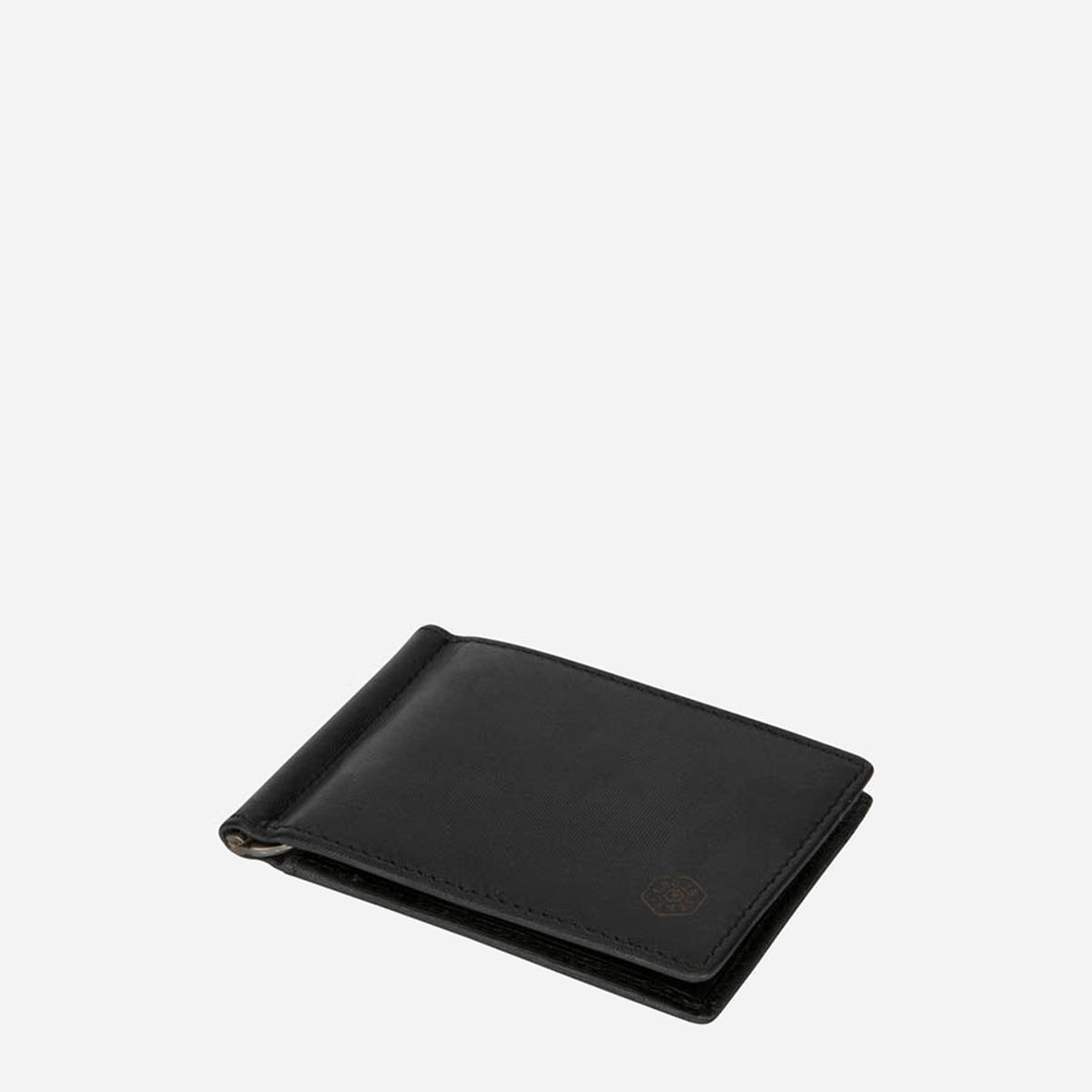 Black leather money clip wallet, folded angled view with money clip