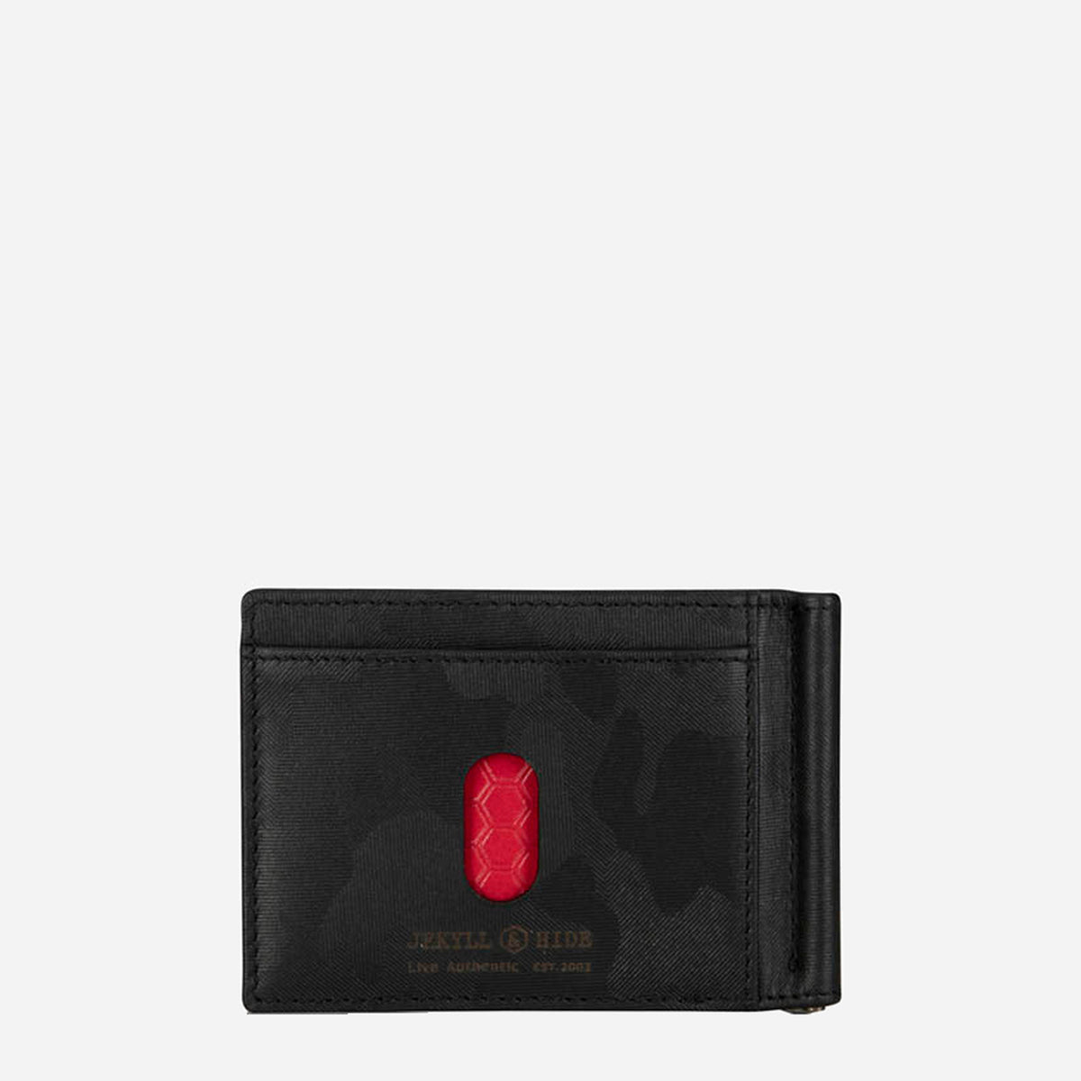 Black camo money clip wallet front, showing card slot