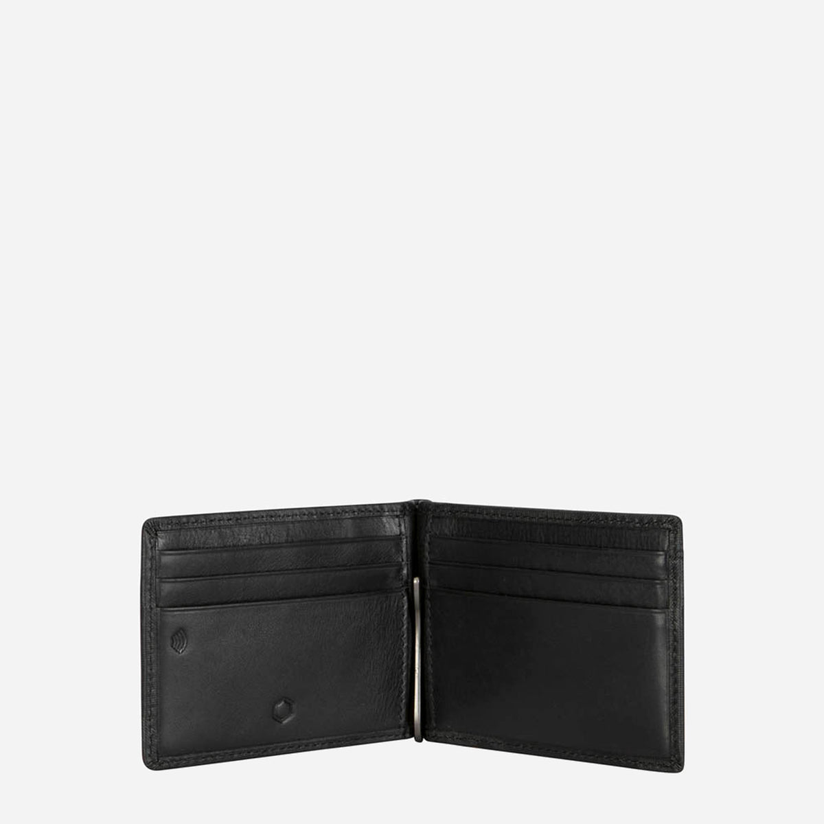 Open black camo money clip wallet showing card slots