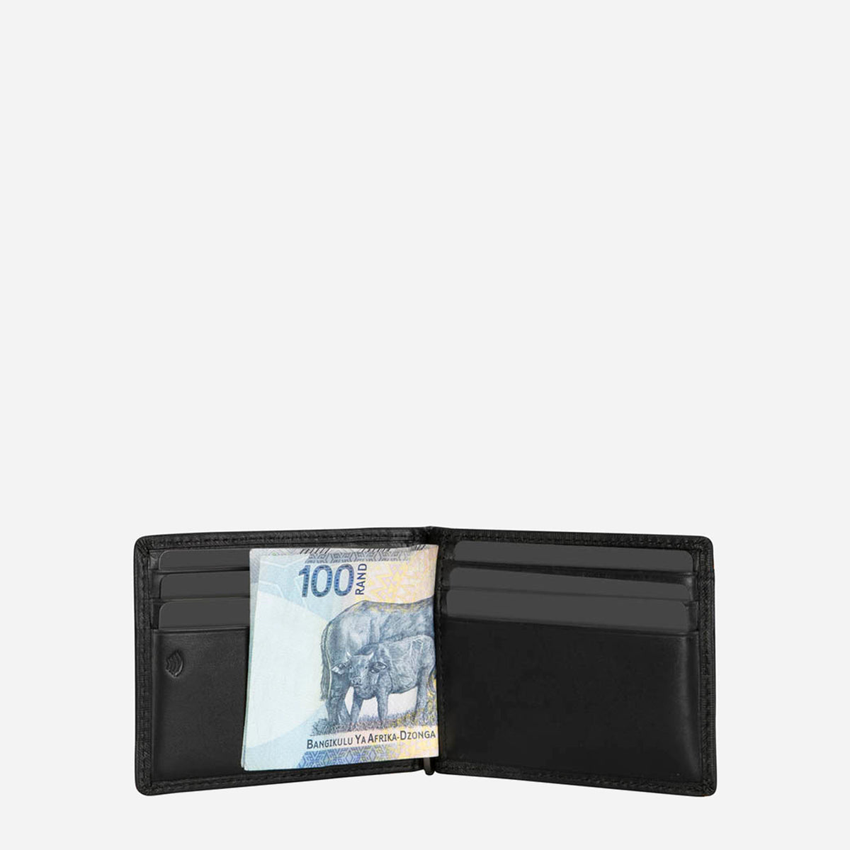 Open black camo money clip wallet with cash