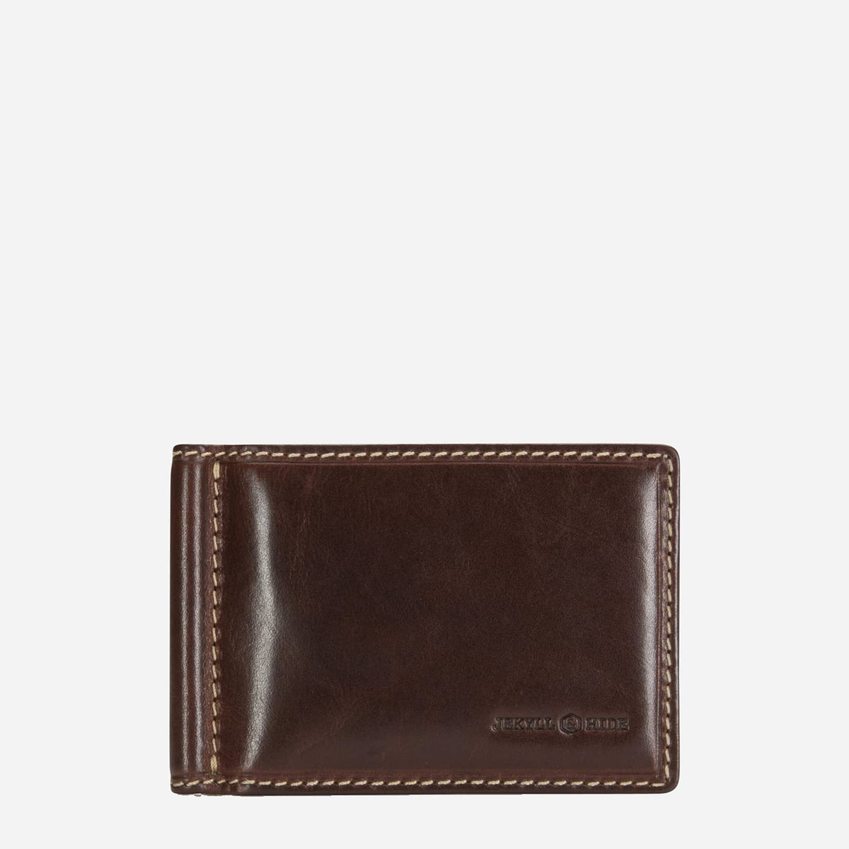 Dark brown leather money clip wallet, closed front view