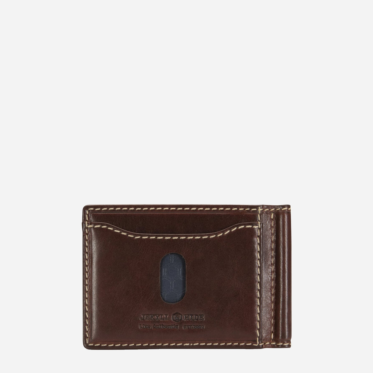 Dark brown money clip wallet front, showing card slot