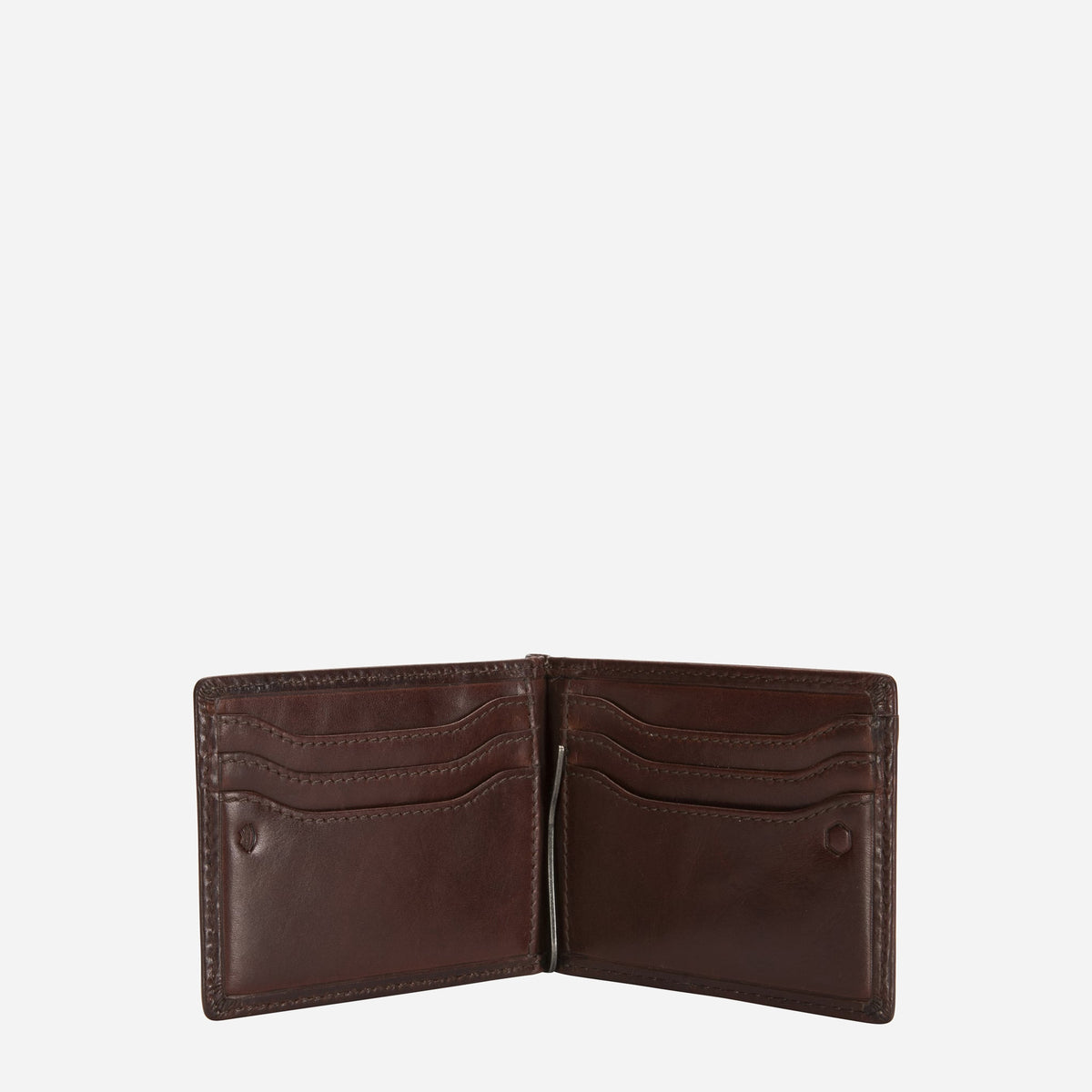 Open dark brown money clip wallet showing card slots