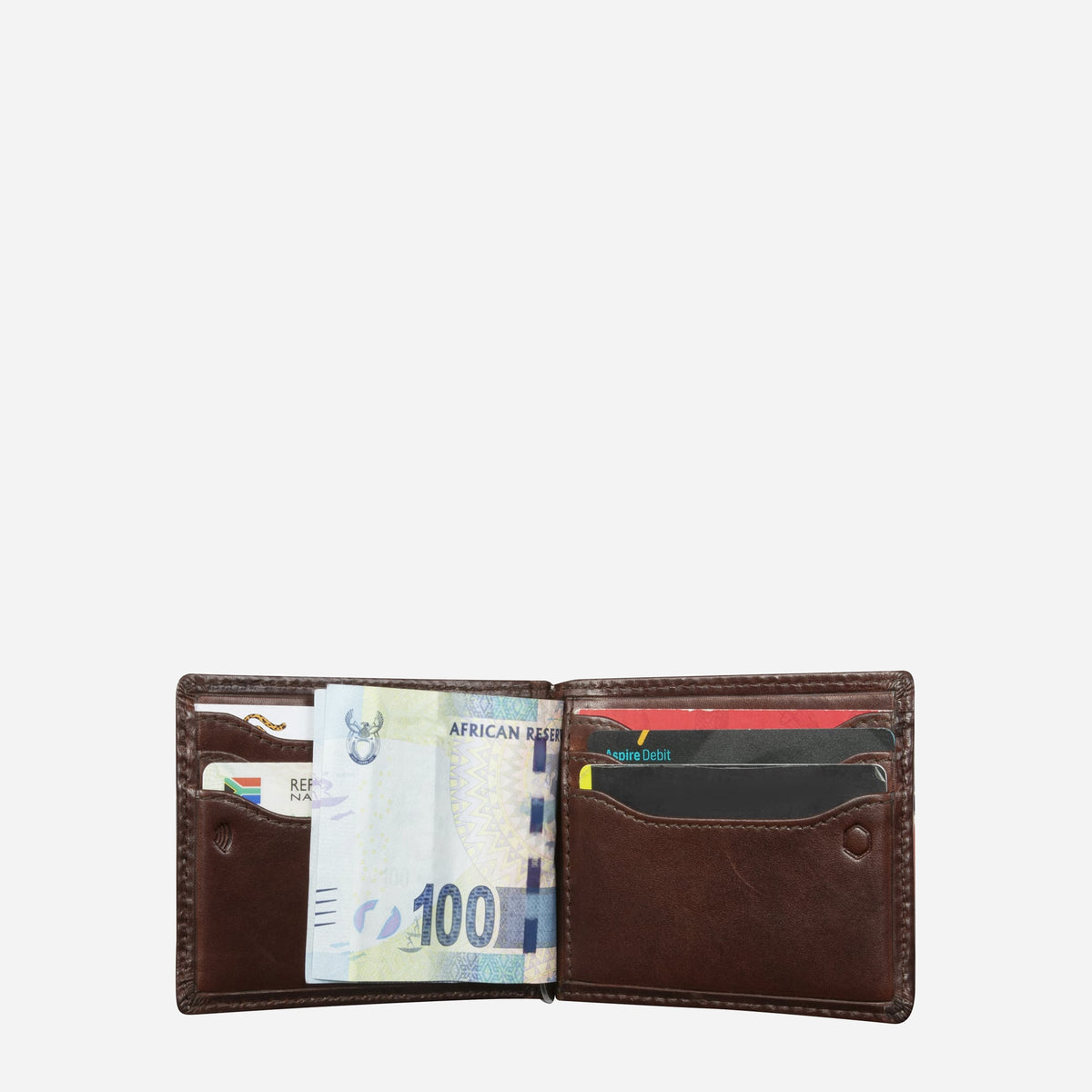 Open dark brown money clip wallet with cash and cards