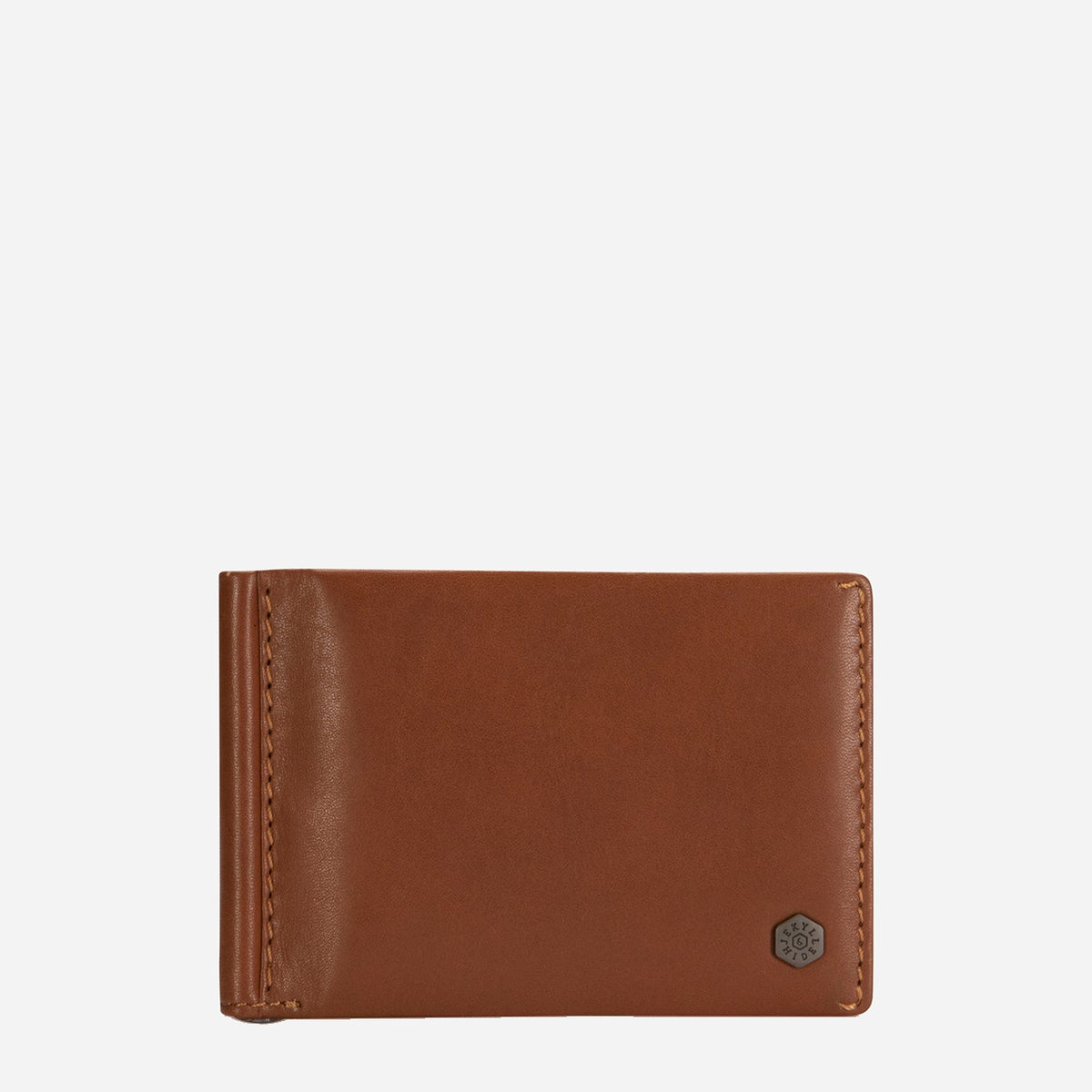 Tan leather money clip wallet, front view