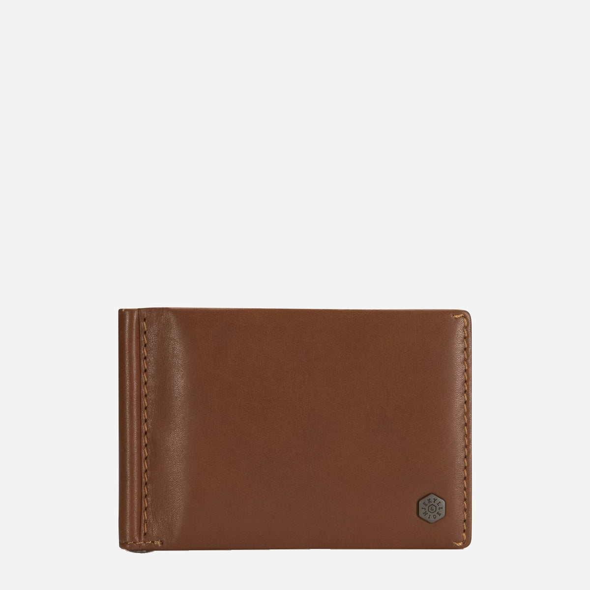 Tan leather money clip wallet, closed front view