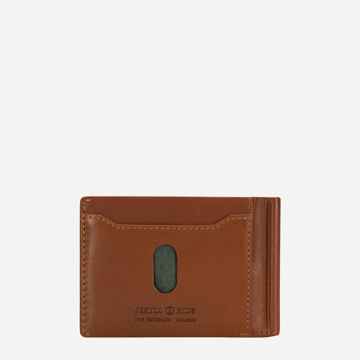 Tan money clip wallet front, showing card slot