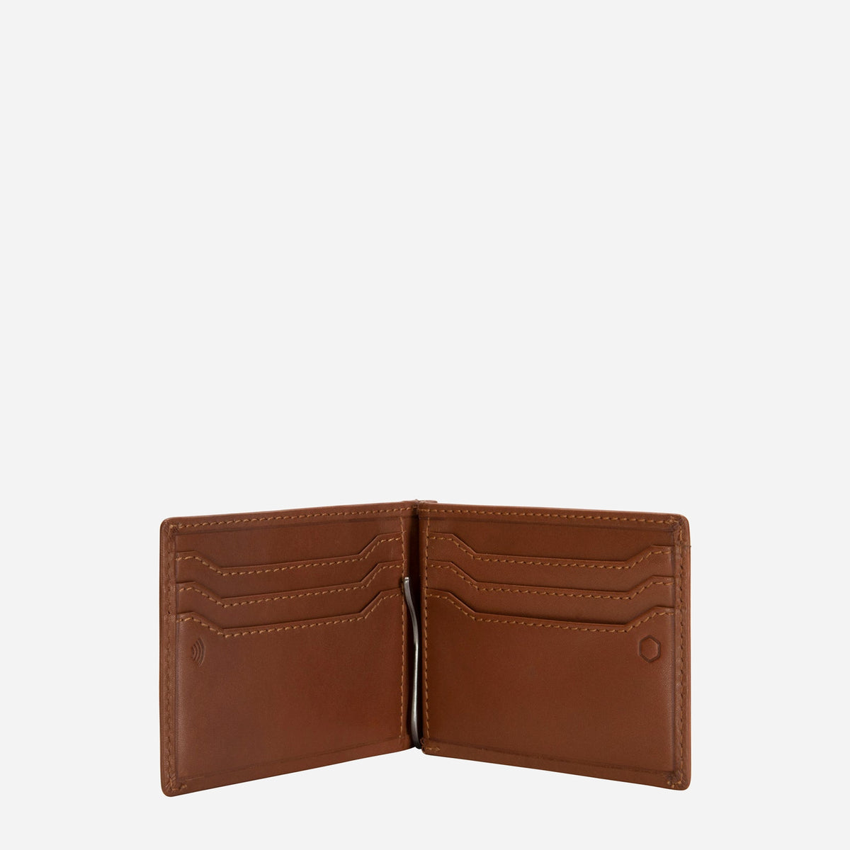 Open tan money clip wallet showing card slots