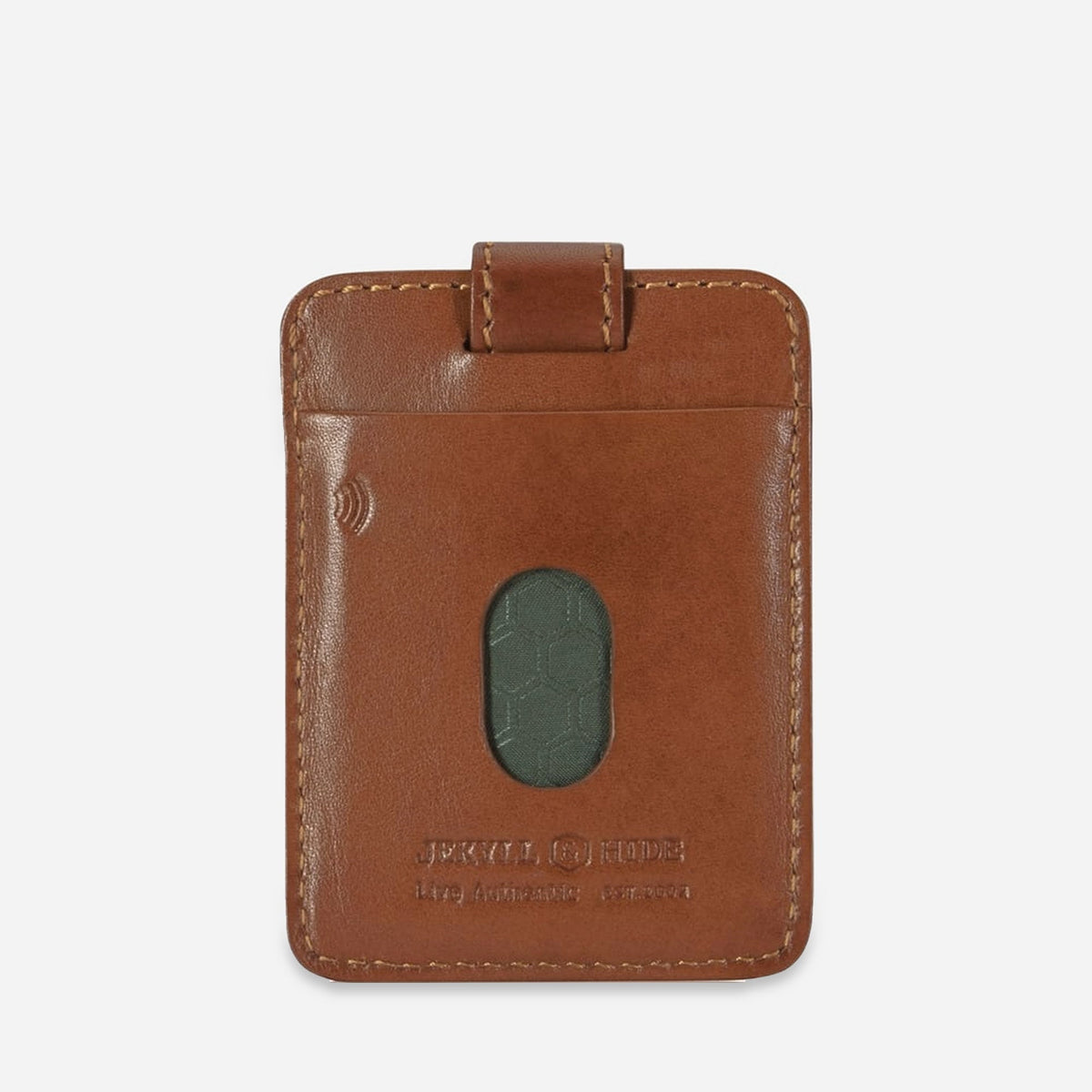 Back of the tan leather Tab Card Holder with thumb cut-out card slot and debossed wordmark