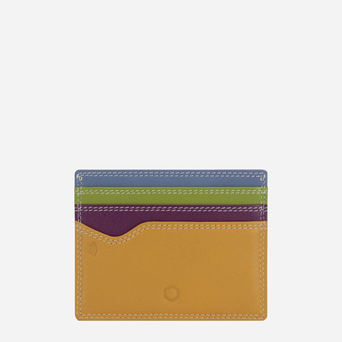 Fiji Card Holder in mustard leather with blue, green and purple card slots