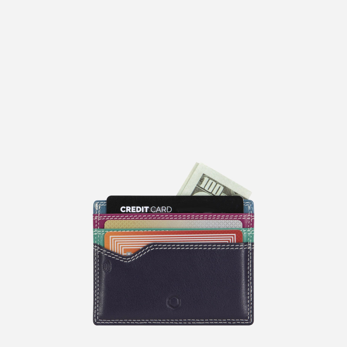 Jekyll & Hide Card Holder in Ibiza navy leather with cards and notes tucked in