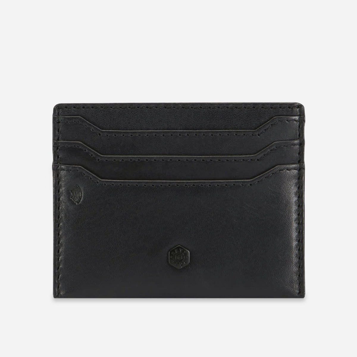 Front of the black leather Card Holder with stacked card slots and hexagonal logo