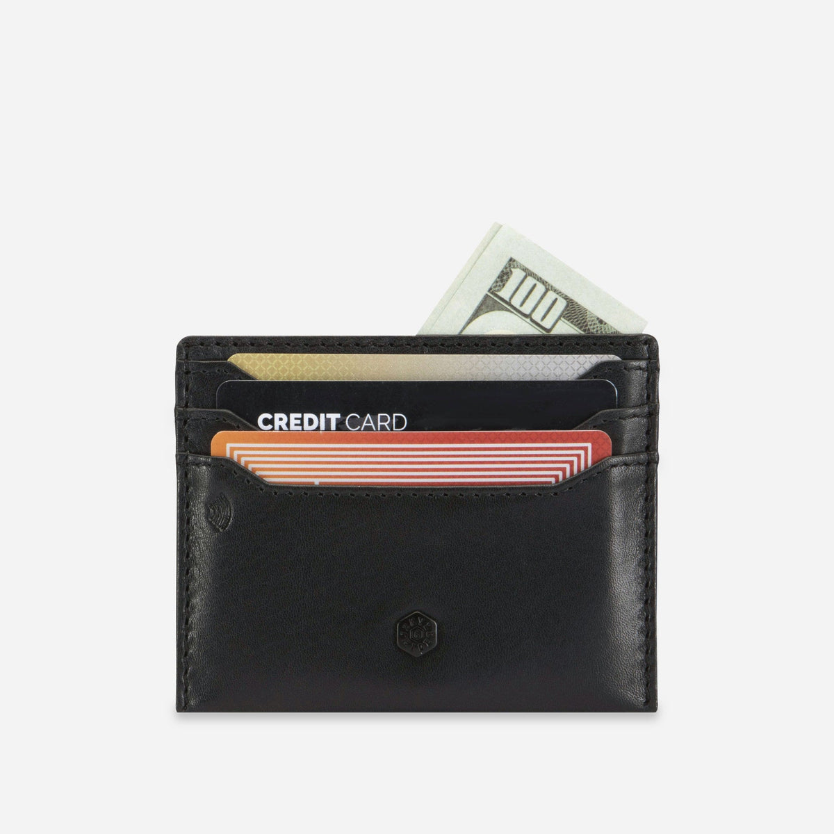 Jekyll & Hide Card Holder in black leather, holding cards and notes in its stacked slots