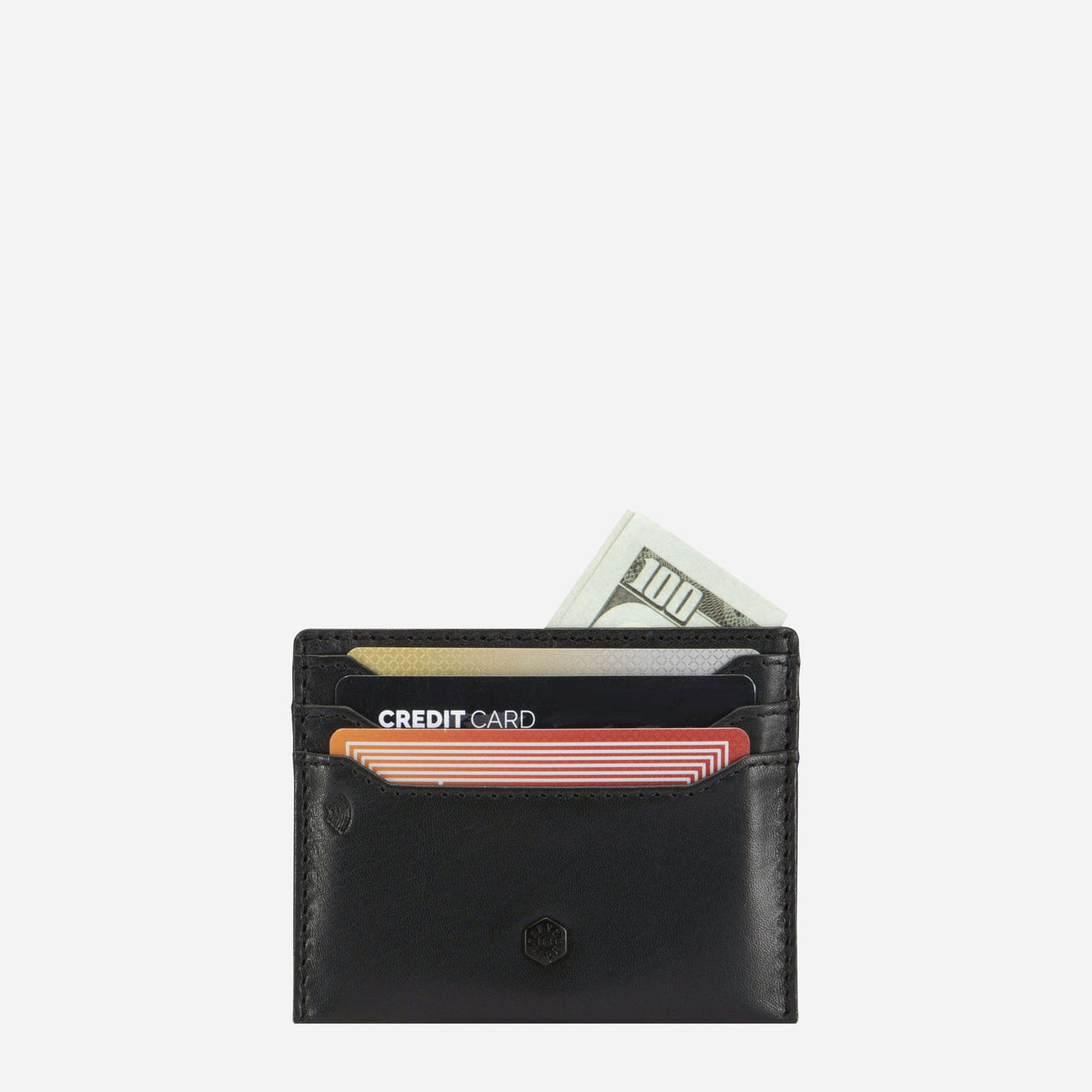 Jekyll & Hide Card Holder in black leather, holding cards and notes in its stacked slots