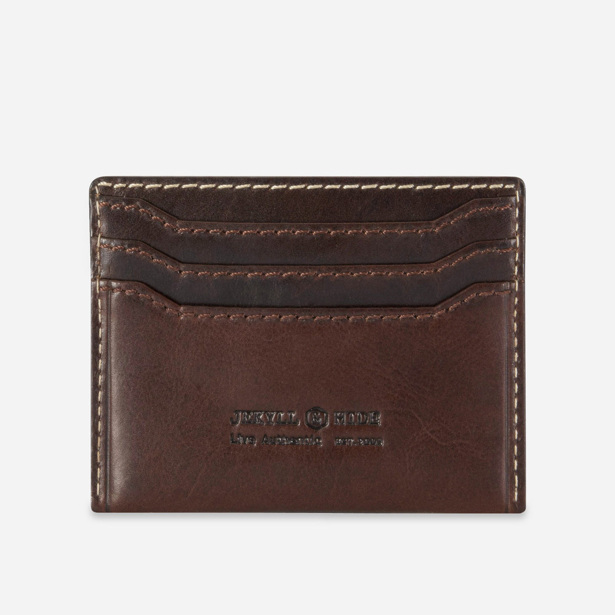 Front of the Mocha leather Card Holder with four stacked card slots and debossed logo